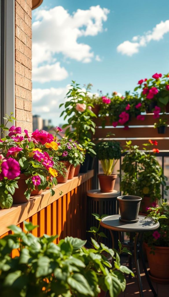A beautifully designed balcony garden bathed in warm sunlight, showcasing a variety of potted plants that are vibrant and lush. In the foreground, a wooden railing adorned with colorful flowers like petunias and geraniums creates an inviting atmosphere. The middle ground features a small table with a charming pot of herbs, perfect for an urban garden setup. The background includes a clear blue sky with gentle white clouds, enhancing the tranquil mood. Soft shadows cast by the plants reveal the organic structure of the space, emphasizing smart planning. The overall scene captures the essence of a peaceful retreat, using a photographic lens with a slight depth of field. The warm colors and natural aesthetics evoke a DIY Pinterest look, embodying the signature style of KlickKiste.