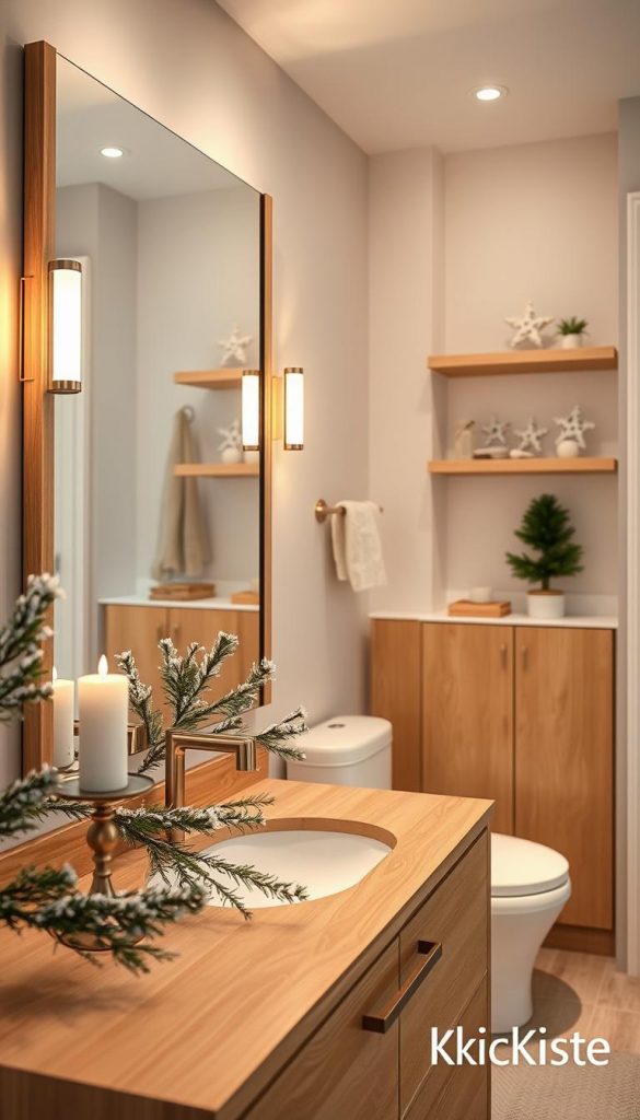 A beautifully designed bathroom showcasing a blend of Scandinavian-minimal and classic-festive styles. In the foreground, a wooden vanity with warm, natural tones is adorned with subtle holiday decorations—think frosted pine branches and simple white candles. The middle ground features a large mirror reflecting soft, ambient lighting that bathes the room in a cozy glow. In the background, minimalistic shelves display tasteful winter-themed accents like ceramic snowflakes and a small evergreen tree. The atmosphere is inviting and serene, capturing a winter vibe with a Pinterest-inspired aesthetic. Use soft focus with a wide-angle lens effect to enhance the inviting mood. Include a subtle watermark of "KlickKiste" in a corner, ensuring it does not distract from the overall composition.