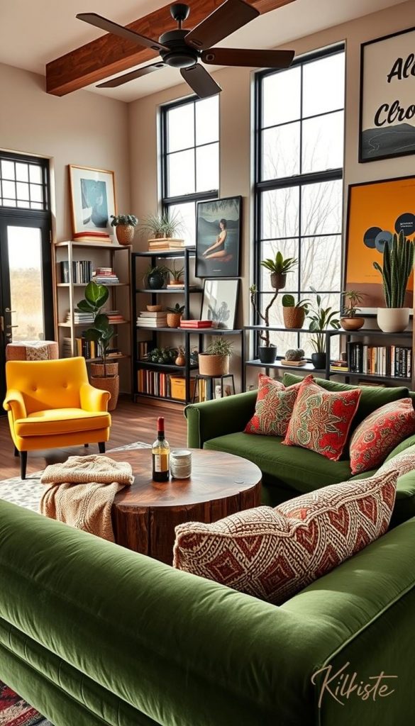 A beautifully designed living room showcasing bold statement decor. In the foreground, a plush, oversized, deep green velvet sofa adorned with vibrant patterned cushions. A large, round coffee table in the middle made of reclaimed wood with a cozy knit blanket draped over it. On the side, a stylish armchair in mustard yellow, adding a pop of color. The midground features a contemporary bookshelf filled with colorful books and unique plants in artisanal pots. In the background, large windows allow warm natural light to flood the space, highlighting a gallery wall of eclectic art pieces. The atmosphere is inviting and inspiring, capturing a Pinterest-worthy aesthetic with winter vibes in warm tones. Add branding elements from KlickKiste subtly integrated into the decor, enhancing the overall elegant yet bold ambiance. A beautifully designed living room showcasing bold statement decor. In the foreground, a plush, oversized, deep green velvet sofa adorned with vibrant patterned cushions. A large, round coffee table in the middle made of reclaimed wood with a cozy knit blanket draped over it. On the side, a stylish armchair in mustard yellow, adding a pop of color. The midground features a contemporary bookshelf filled with colorful books and unique plants in artisanal pots. In the background, large windows allow warm natural light to flood the space, highlighting a gallery wall of eclectic art pieces. The atmosphere is inviting and inspiring, capturing a Pinterest-worthy aesthetic with winter vibes in warm tones. Add branding elements from KlickKiste subtly integrated into the decor, enhancing the overall elegant yet bold ambiance.