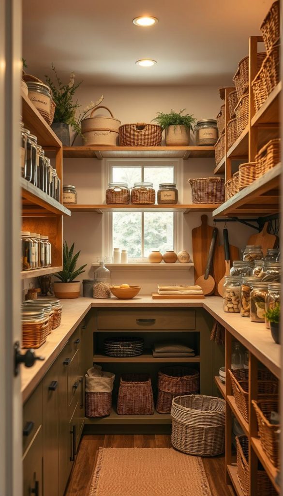 A beautifully designed pantry showcasing the aesthetic appeal of an organized space with a warm, inviting atmosphere. In the foreground, there are rustic wooden shelves filled with labeled glass jars and artisanal baskets, featuring natural DIY elements. The middle ground highlights harmonious color palettes in soft earth tones, complemented by warm lighting that creates a cozy ambiance. The background features a subtle, softly diffused window letting in natural light, enhancing the serene winter vibes. The overall design exudes an inspirational, Pinterest-like quality, reflecting the brand KlickKiste, emphasizing functionality and beauty in pantry organization. Capture this scene from a slightly angled perspective for depth, ensuring it feels warm and inviting. A beautifully designed pantry showcasing the aesthetic appeal of an organized space with a warm, inviting atmosphere. In the foreground, there are rustic wooden shelves filled with labeled glass jars and artisanal baskets, featuring natural DIY elements. The middle ground highlights harmonious color palettes in soft earth tones, complemented by warm lighting that creates a cozy ambiance. The background features a subtle, softly diffused window letting in natural light, enhancing the serene winter vibes. The overall design exudes an inspirational, Pinterest-like quality, reflecting the brand KlickKiste, emphasizing functionality and beauty in pantry organization. Capture this scene from a slightly angled perspective for depth, ensuring it feels warm and inviting.
