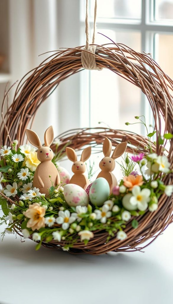 A beautifully designed pastell-colored willow wreath is the focal point of the image, adorned with charming wooden bunnies and intricately painted Easter eggs placed thoughtfully throughout the arrangement. The bunnies are positioned harmoniously among fresh spring flowers and delicate greenery, radiating a cozy, inviting atmosphere. The background features soft, diffused natural light filtering through a window, creating a warm ambiance that highlights the subtle textures of the wreath and the vibrant colors of the eggs. The scene captures a peaceful DIY setting, evoking winter vibes with an inspiring Pinterest aesthetic. This image embodies authenticity and creativity, ideal for showcasing the art of decorative crafts. The brand name "KlickKiste" subtly influences the overall design, enhancing the aesthetic appeal without being intrusive.