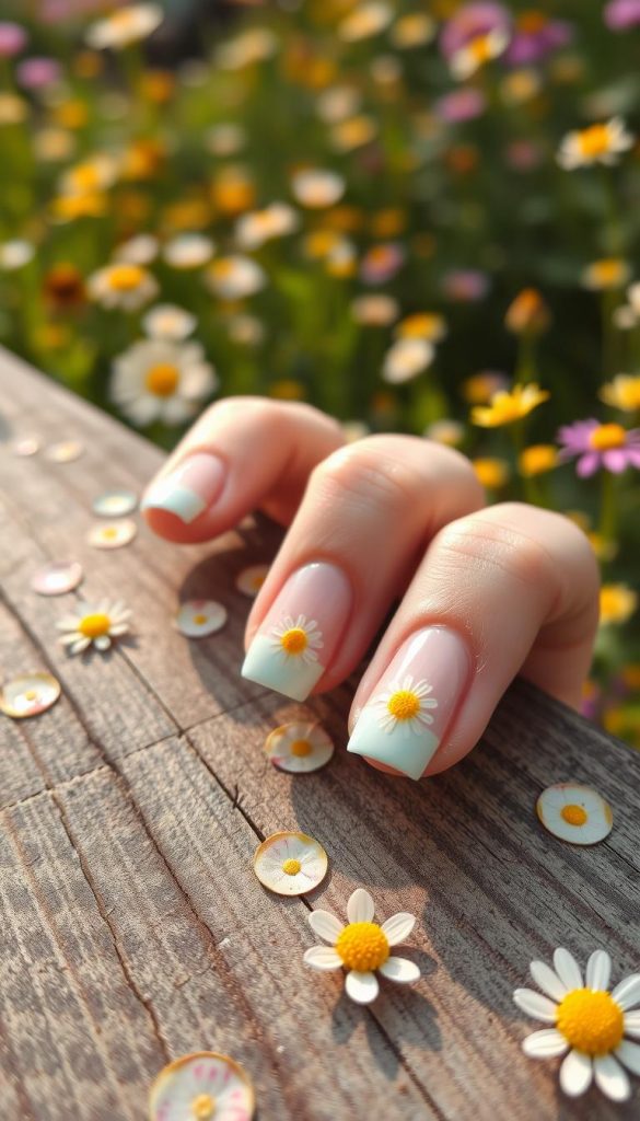A beautifully detailed close-up of a manicure featuring "French tip daisies" design. The foreground shows elegant nails with a classic French tip painted in soft pastel colors, accented by delicate hand-painted daisies at the base of the nails. The middle ground captures a textured wooden surface adorned with petal-like patterns, enhancing the spring vibe. The background features a softly blurred garden filled with blooming wildflowers under warm, natural lighting that evokes a serene atmosphere. The image has a Pinterest aesthetic, focusing on authenticity and inspiration, reflecting the DIY spirit. Make sure to include the brand name "KlickKiste" subtly integrated into the design, ensuring no text or watermarks present. A beautifully detailed close-up of a manicure featuring "French tip daisies" design. The foreground shows elegant nails with a classic French tip painted in soft pastel colors, accented by delicate hand-painted daisies at the base of the nails. The middle ground captures a textured wooden surface adorned with petal-like patterns, enhancing the spring vibe. The background features a softly blurred garden filled with blooming wildflowers under warm, natural lighting that evokes a serene atmosphere. The image has a Pinterest aesthetic, focusing on authenticity and inspiration, reflecting the DIY spirit. Make sure to include the brand name "KlickKiste" subtly integrated into the design, ensuring no text or watermarks present.