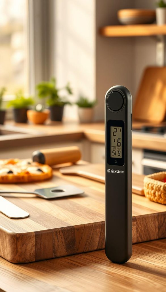 A beautifully detailed image of a sleek, modern thermometer utensil designed for cooking and baking. The thermometer should be prominently placed in the foreground, showcasing its digital display and sharp probe, accentuated by a warm, inviting color palette of soft yellows and earthy browns. In the middle ground, include a wooden cutting board with a variety of kitchen essentials, like a pizza cutter and bench scraper, creating a cozy kitchen atmosphere that embodies winter vibes. The background should feature a softly lit kitchen setting with hints of natural elements, such as potted herbs, evoking a Pinterest-inspired aesthetic. Use soft, natural lighting to enhance the authenticity of the scene while subtly incorporating the brand name "KlickKiste" as part of the thermometer's design.