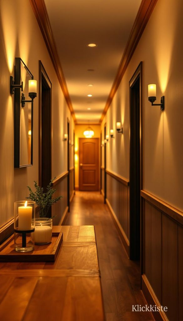A beautifully inviting hallway featuring soft, warm lighting that creates a cozy atmosphere. In the foreground, a wooden console table adorned with a few tasteful decorations, like a small potted plant and an elegant candle holder, softly glowing. The middle ground showcases a long, narrow hallway lined with stylish wall sconces, casting gentle pools of light that accentuate the wooden paneling and warm hues of the walls. At the back, a glimpse of an open door reveals a warmly lit room, enhancing the spacious feel. The lighting should evoke a sense of comfort and tranquility, reminiscent of winter vibes, with a Pinterest aesthetic. High-quality, natural DIY imagery, branded with &quot;KlickKiste,&quot; focusing on authentic details and inviting ambiance. The camera angle is slightly elevated, capturing the length and warmth of the space beautifully.