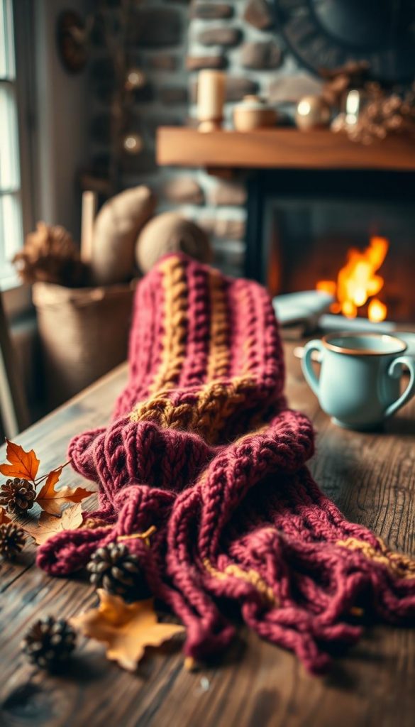 A beautifully knitted scarf draped elegantly over a rustic wooden table, showcasing rich, warm colors like deep burgundy and soft mustard. In the foreground, the texture of the yarn is highlighted with intricate stitches and patterns, inviting a tactile sensation. In the middle ground, autumn leaves and small pinecones add a touch of winter charm, blending seamlessly with the DIY theme. The background features a softly blurred cozy home setting, with a warm, inviting glow from a lit fireplace, enhancing the overall winter vibe. Natural light filters through a nearby window, casting gentle shadows, while a vintage coffee cup sits invitingly beside the scarf. This image reflects the essence of stylish, sustainable winter outfits by "KlickKiste," inspiring creativity in upcycling and quick hacks for personal winter style.