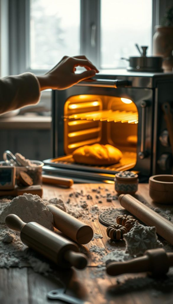 A beautifully lit kitchen scene centered around a "glanz kruste oven," expertly showcasing its gleaming surface and intricate details. In the foreground, a baker's hand gently places a loaf of bread inside the oven, highlighting the warm, golden crust. The middle ground features a rustic wooden table adorned with flour, rolling pins, and various winter-themed baking tools, creating a cozy atmosphere. Soft, natural light streams in from a window, casting a warm glow and enhancing the scene's inviting feel. In the background, a softly blurred winter landscape is visible through the window, with snow gently falling outside, adding to the winter vibes. The overall mood is authentic and inspiring, encapsulating the joy of winter baking. ClickKiste products can be subtly incorporated into the scene, enhancing the visual appeal.