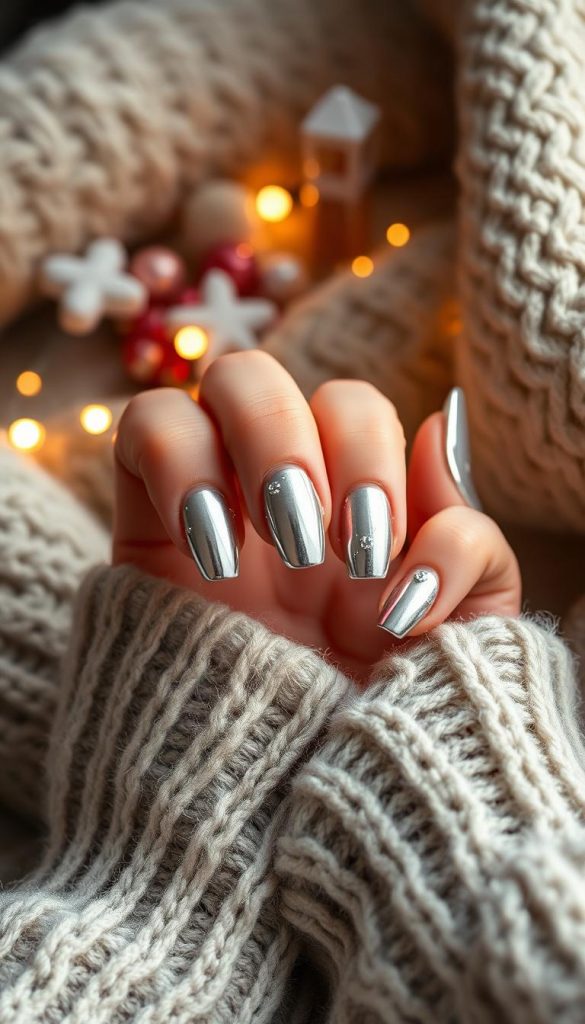A beautifully manicured hand showcasing stunning chrome nails that reflect light with a vibrant silver sheen, accented with delicate sparkling details resembling tiny crystals. The hand is placed gently on a cozy, textured winter-themed backdrop, featuring soft, warm tones to evoke a comfortable and inviting atmosphere. The nails are the focal point, glistening under soft, diffuse lighting that enhances their brilliance without harsh shadows. A shallow depth of field draws attention to the nails while softly blurring the background elements, such as softly twinkling fairy lights and subtle winter decorations. The overall mood is festive and inspiring, perfect for a winter celebration. Include the brand name "KlickKiste" discreetly styled in the background elements.