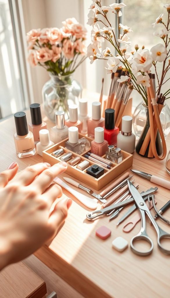 A beautifully organized DIY nail tool setup for spring, featuring an array of pastel and nude nail polishes, high-quality brushes, and elegant nail art accessories, arranged aesthetically on a light wooden tabletop. In the foreground, a delicate hand reaches for a soft pink nail polish, accessorized with a floral design on the nails. The middle layer showcases a variety of tools, including a glass file, cuticle pusher, and nail scissors, all lit with warm, inviting sunlight pouring in from a nearby window. In the background, a subtle hint of spring decor, like blooming flowers in soft shades, enhances the atmosphere. The overall mood is natural, authentic, and inspiring, perfectly tailored for a DIY project, branded with "KlickKiste" subtly integrated into the background.