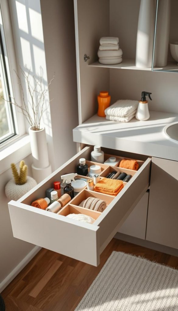 A beautifully organized bathroom cabinet space, featuring a "KlickKiste" schubladeneinsatz (drawer insert) expertly arranged to maximize storage. In the foreground, the drawer shows neatly structured compartments filled with various cleaning supplies, toiletries, and small towels, all accented in warm, inviting colors. The middle ground captures the sleek, modern cabinet with an open drawer, emphasizing the functionality and efficiency of the schubladeneinsatz. The background subtly showcases soft winter-themed decor, like a small potted plant and a cozy bath mat, enhancing the atmosphere. Natural lighting gently filters in, casting soft shadows, creating a warm and inspiring DIY aesthetic that promotes organization and smart decision-making. Ideal for a Pinterest-inspired look.