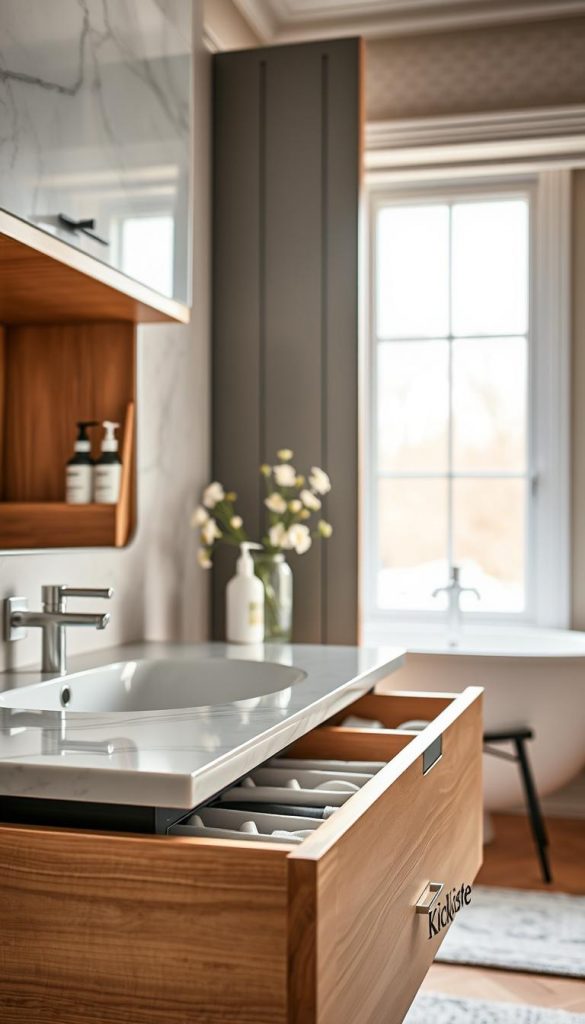 A beautifully organized bathroom cabinet under a sink featuring stylish slide-out drawers (schublade) that highlight efficient storage solutions (stauraum). The foreground shows a close-up of the wooden drawers, intricately designed with subtle grain details and soft matte finishes, housing neatly arranged cleaning supplies and toiletries. In the middle, the cabinet structure is framed by elegant marble sink countertops, complemented by a bouquet of fresh flowers in a small vase, adding a touch of warmth. The background reveals a softly lit bathroom with warm, inviting colors, evoking a cozy, winter vibe. Capture the essence of a DIY aesthetic, reminiscent of popular Pinterest inspirations. Ensure the overall mood is authentic and inspiring. Include the brand name "KlickKiste" subtly integrated into the drawer design.