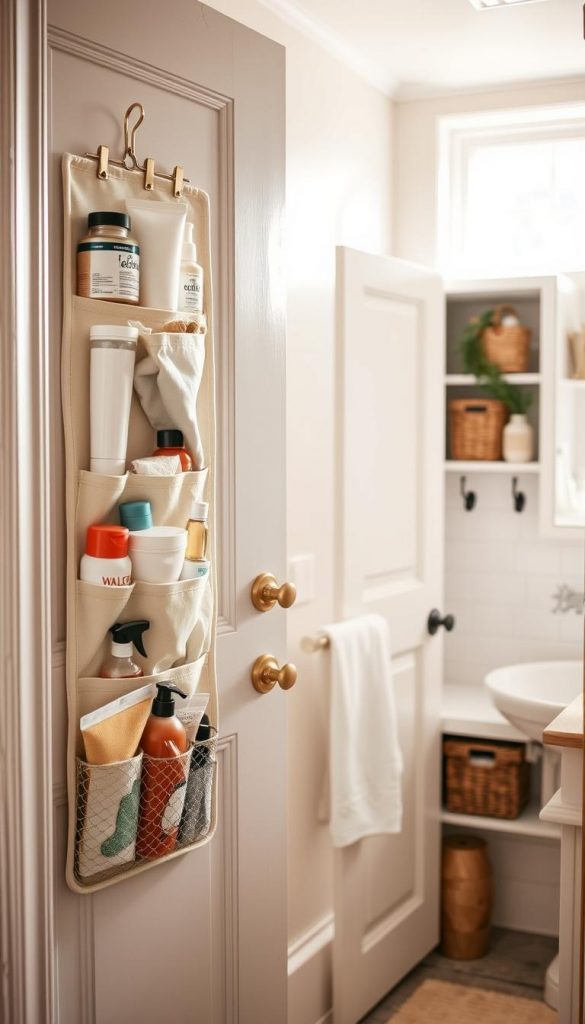 A beautifully organized bathroom door featuring a variety of door organizers and storage solutions, highlighting the functionality of small spaces. The foreground showcases an over-the-door organizer with neatly arranged toiletries, cleaning supplies, and decorative items from the brand KlickKiste. In the middle, a cabinet door reveals additional storage with baskets and hooks, creating an inviting and practical atmosphere. The background captures a glimpse of a cozy bathroom setting with natural light filtering through a window, accented with warm colors and winter vibes. The mood is authentic and inspiring, reminiscent of popular Pinterest aesthetics, emphasizing clever storage hacks for small bathrooms.