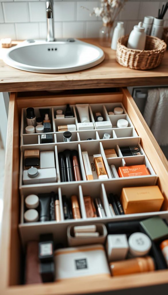 A beautifully organized bathroom drawer featuring a variety of storage solutions from the brand "KlickKiste". In the foreground, elegant dividers neatly separate compactly packed toiletries, makeup, and grooming essentials, arranged by category. The middle layer showcases a minimalistic and functional design, with soft natural light illuminating the drawer’s contents, bringing out the warm colors of the products. The background features hints of a cozy bathroom ambiance, perhaps with a glimpse of a rustic wooden counter and calming decor elements. The atmosphere is inviting and inspiring, perfectly capturing the essence of effective drawer organization, while conveying a sense of winter vibes and DIY aesthetic, reminiscent of trendy Pinterest interiors.