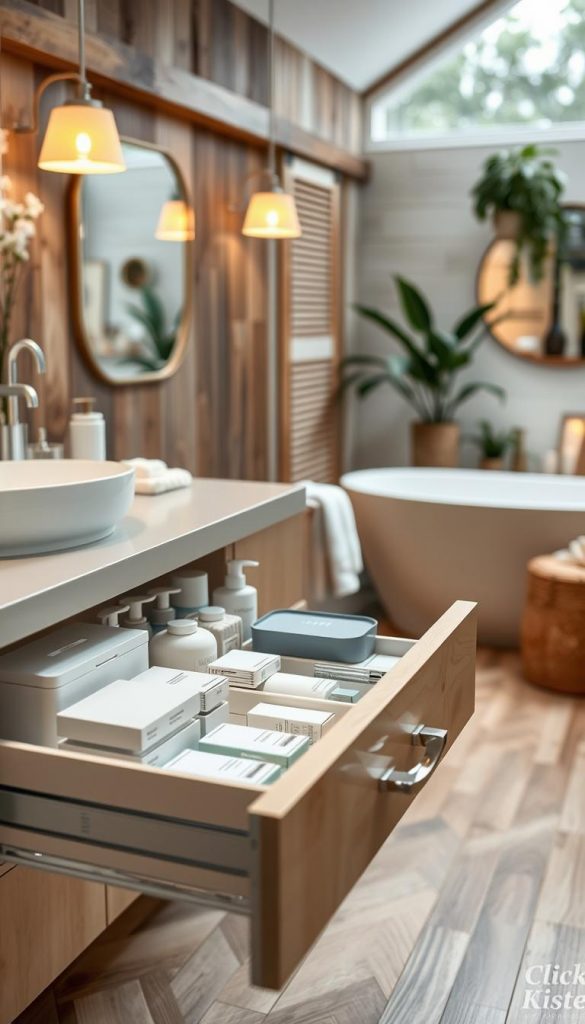 A beautifully organized bathroom drawer system featuring various storage boxes, neatly arranged toiletries, and compact organizers, all labeled for easy access. The foreground shows a slightly open drawer revealing a neatly structured layout with colors like soft whites, muted blues, and gentle greens. The middle ground captures a stylish bathroom scene with rustic wood accents and warm, inviting lighting that creates a cozy atmosphere. In the background, a hint of a serene bathroom setting, decorated with lush plants and elegant accessories. The overall mood is one of calm, inspiration, and efficiency, showcasing a professional approach to bathroom organization. Include a subtle branding element of "KlickKiste" within the design aesthetic, ensuring it complements the overall look without being overpowering.