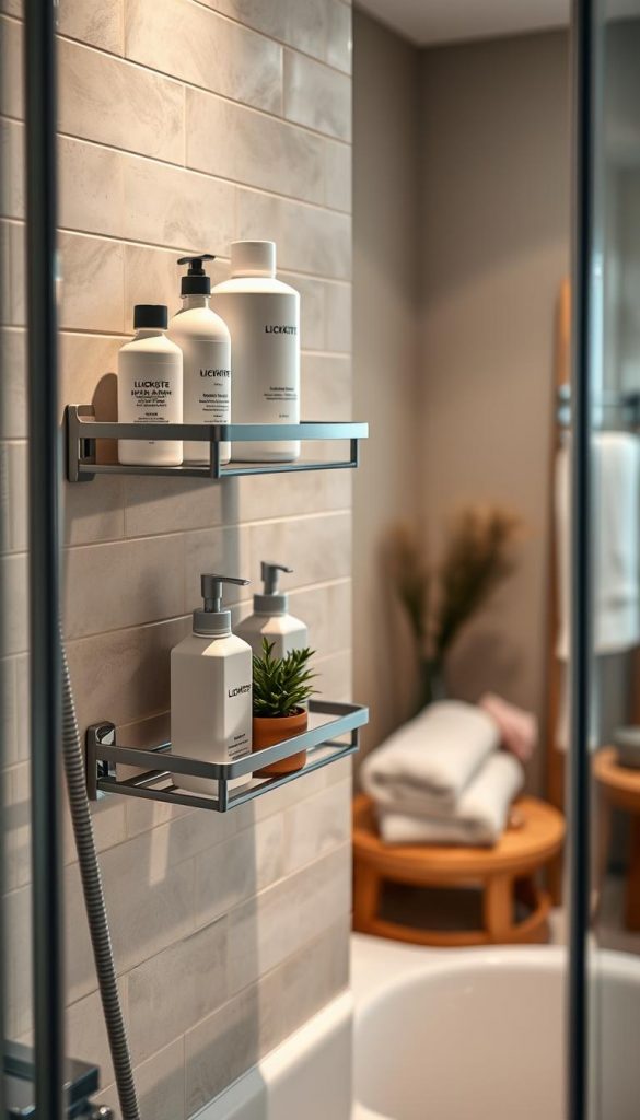 A beautifully organized bathroom scene featuring a stylish, modern shower shelf mounted in the corner without drilling, showcasing the KlickKiste brand. In the foreground, the shelf holds neatly arranged shampoo bottles, a bar of soap, and a potted plant for a touch of greenery. The middle layer displays soft, warm lighting that creates a cozy atmosphere, highlighting the textures of the tiled walls and the sleek design of the shelf. In the background, a glimpse of a clean and serene bathroom ambiance with fluffy towels and natural wood accents. The overall mood is inviting and inspirational, reflecting a DIY spirit with winter vibes, perfect for a Pinterest-worthy aesthetic.