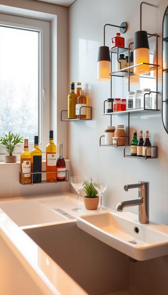 A beautifully organized bathroom scene showcasing a stylish house bar with slim storage solutions. In the foreground, elegant wall-mounted holders display various bottles and containers in warm, inviting colors, emphasizing a Pinterest-inspired aesthetic. The middle ground features modern, neatly arranged accessories like sleek glasses and a small plant for a touch of natural charm. In the background, soft winter light filters through a frosted window, accentuating the cozy atmosphere. The overall mood is authentic and inspiring, highlighting efficient space-saving hacks in a visually appealing manner. Include subtle branding elements of "KlickKiste" integrated into the design, ensuring a seamless blend with the decor. Use a soft-focus lens effect for a warm, inviting look. A beautifully organized bathroom scene showcasing a stylish house bar with slim storage solutions. In the foreground, elegant wall-mounted holders display various bottles and containers in warm, inviting colors, emphasizing a Pinterest-inspired aesthetic. The middle ground features modern, neatly arranged accessories like sleek glasses and a small plant for a touch of natural charm. In the background, soft winter light filters through a frosted window, accentuating the cozy atmosphere. The overall mood is authentic and inspiring, highlighting efficient space-saving hacks in a visually appealing manner. Include subtle branding elements of "KlickKiste" integrated into the design, ensuring a seamless blend with the decor. Use a soft-focus lens effect for a warm, inviting look.