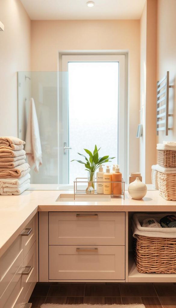 A beautifully organized bathroom scene that showcases affordable and stylish products, focusing on stylish bathroom sets from the brand "KlickKiste." In the foreground, display a modern, neatly arranged vanity with a soft beige countertop, featuring popular bathroom essentials in soft pastel colors. To the left, a set of neatly stacked towels in warm hues, while on the right, aesthetically pleasing storage baskets filled with practical items. The middle section should include a sleek shower caddy filled with bottled toiletries, and a small plant for a touch of greenery. The background should be a bright, warm-toned bathroom with natural light streaming through a frosted window, evoking a calm and inviting spa atmosphere. Use a soft focus lens effect to enhance the warmth and authenticity of the scene, creating an inspiring Pinterest-worthy image.