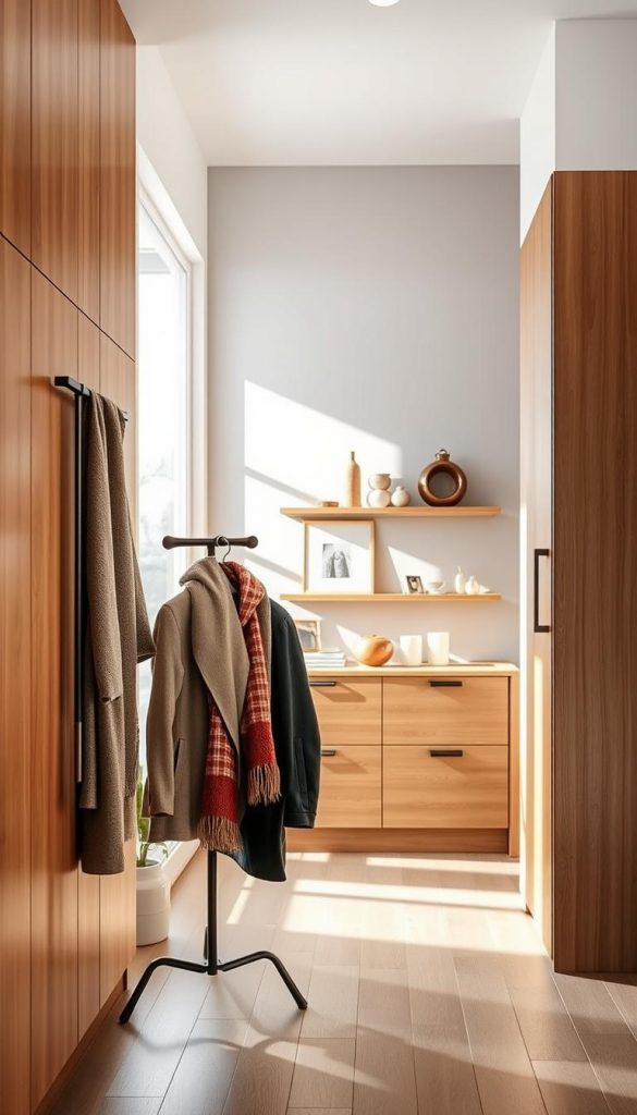 A beautifully organized entrance area showcasing "stauraum" systems, featuring elegant built-in cabinets with warm natural wood finishes. In the foreground, a stylish and functional coat rack holds a few perfectly arranged winter jackets and scarves. The middle ground highlights sleek shelves and clever storage solutions positioned under the ceiling, creating a cozy and inviting atmosphere. Soft, natural lighting floods the space, enhancing the warm colors and giving it a DIY Pinterest-like vibe. In the background, elegant decorative items and subtle winter-themed decor add a touch of charm. This vision is inspired by the brand KlickKiste, promoting authentic and inspiring organization solutions. The overall mood is serene, stylish, and highly functional, perfect for reducing clutter.
