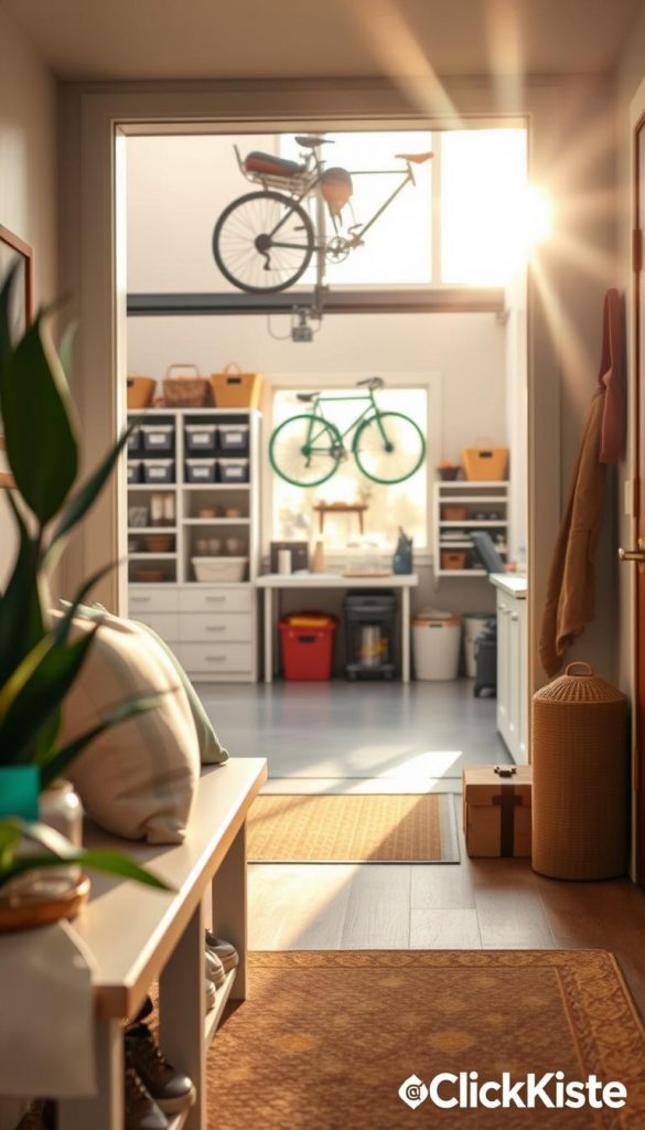 A beautifully organized entryway and garage, showcasing clear transitions and smart storage solutions. In the foreground, a stylishly arranged entryway bench with cozy cushions, shoes neatly organized below, and a decorative plant peeking from the side. The middle features an open garage with shelving units displaying labeled storage bins, bicycles hanging on the wall, and a tidy workspace radiating a sense of order. The background shows a bright and airy entrance, illuminated by warm, natural sunlight pouring through large windows, enhancing the inviting atmosphere. Use a slight depth of field to focus on the organized elements in the foreground while softly blurring the background. The overall mood is warm and inspiring, capturing a seasonal reset with a Pinterest aesthetic. Branding visible as “KlickKiste”.