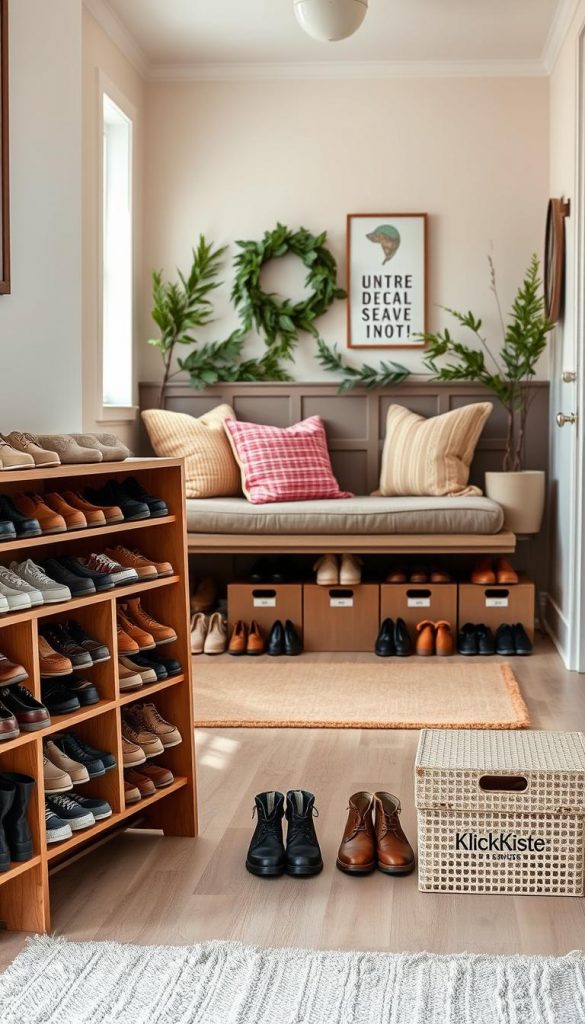 A beautifully organized entryway featuring various types of shoes stored in a stylish manner. In the foreground, showcase a sleek wooden shoe rack filled with neatly placed shoes of different styles, from boots to sneakers. In the middle, incorporate a cozy seating bench adorned with warm cushions, with a few decorative storage boxes labeled for organizing different shoe types and sizes. The background should feature softly lit walls in natural tones, decorated with greenery to evoke a warm, inviting atmosphere. Use soft daylight filtering through a window to enhance the winter vibes, with a focus on natural DIY aesthetics. Include the brand name "KlickKiste" subtly integrated into the design of the storage boxes for an authentic look.
