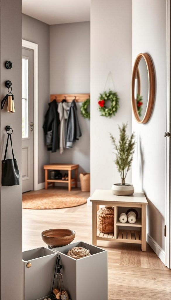 A beautifully organized entryway scene showcasing the "Zonenmodell" concept by KlickKiste. In the foreground, there are stylish, modular storage solutions, including hooks for keys, a small bench, and a decorative bowl for miscellaneous items. The middle ground features a warm, inviting area rug, a small potted plant, and a mirror reflecting soft, natural light from a nearby window. In the background, a coat rack made of wood adds a rustic feel, with seasonal decorations hinting at winter vibes. The lighting is soft and warm, creating a cozy atmosphere. The overall aesthetic is naturally DIY, with Pinterest-worthy design elements that inspire organization and decluttering.