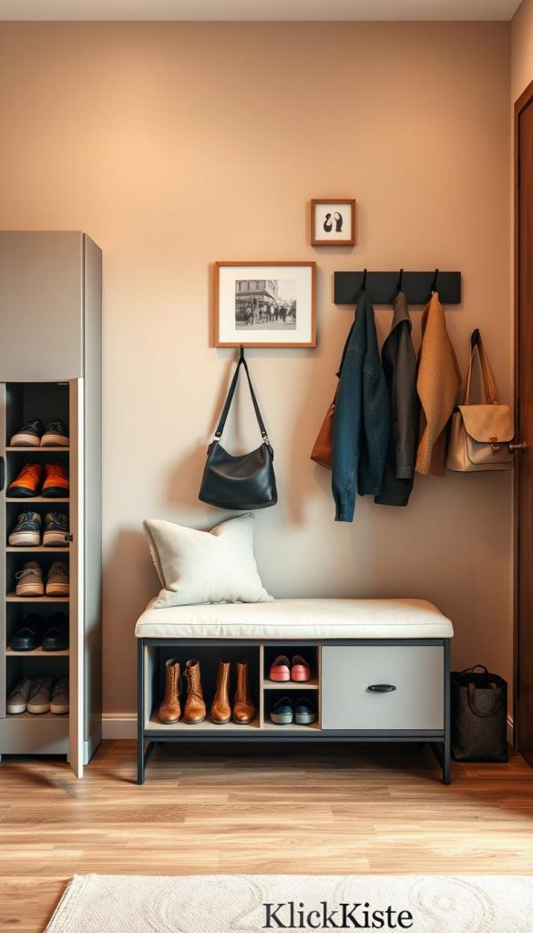 A beautifully organized entryway that embodies the concept of "Stauraum schaffen." In the foreground, a stylish bench with soft cushions sits invitingly, flanked by a sleek shoe cabinet featuring an open door displaying neatly arranged shoes. In the middle, a modern coat rack holds several chic jackets and bags, adding color and life. The background reveals a tastefully decorated wall with warm, natural tones, adorned with a few minimalistic art pieces. Soft, ambient lighting creates a cozy atmosphere, enhancing the inviting feel of the space. Use a warm color palette to evoke a sense of comfort and inspiration, reminiscent of Pinterest aesthetics. The overall mood should reflect a blend of organization and style, showcasing practical storage solutions from the brand "KlickKiste."