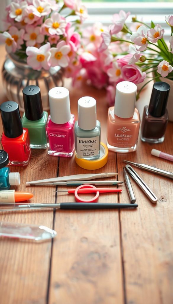 A beautifully organized flat lay of manicure tools on a rustic wooden table, showcasing a variety of high-quality items essential for DIY French tip nails. In the foreground, arrange vibrant colored nail polishes, a clean glass nail file, a precise nail brush for tips, and a sturdy base coat bottle labeled "KlickKiste." The middle section features various nail art tools like dotting tools and striping tape, elegantly positioned to draw the eye. Soft, natural lighting highlights the warm tones, enhancing the ambiance of a cozy DIY space. In the background, slightly blurred, include hints of lush spring flowers to evoke a seasonal vibe. The overall mood is inspiring and inviting, perfect for a creative and authentic Pinterest-style image.