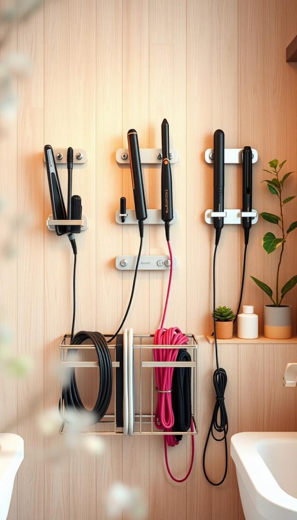 A beautifully organized hair tools organizer set against a light wood bathroom wall, featuring wall-mounted holders for straighteners and curling irons, with neatly arranged heat-resistant mats. Include colorful cords neatly bundled together using cable organizers. The scene is softly lit with warm tones to evoke a cozy, inviting atmosphere, suggesting winter vibes. Background elements like potted plants and elegant bathroom accessories enhance the mood. The products should be contemporary and aesthetically pleasing, branded as "KlickKiste" to capture a Pinterest-worthy DIY inspiration. Use a shallow depth of field, focusing on the detailed textures of the organizer while softly blurring the background to create a calming yet functional space.