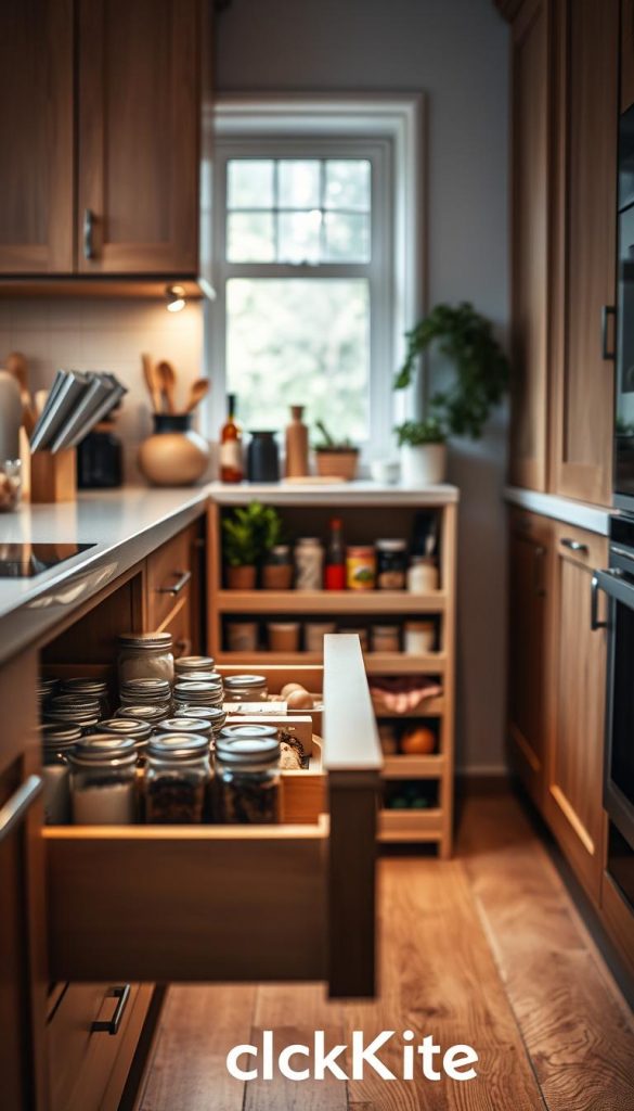 A beautifully organized kitchen corner featuring a sophisticated "Apothekerauszug" (pull-out pantry) in warm, natural tones. In the foreground, a neatly arranged kitchen drawer reveals jars of spices, fresh herbs, and baking ingredients, all displayed in an aesthetically pleasing manner. The middle ground showcases the unique design of the pull-out storage, emphasizing practicality and efficiency, with various compartments for easy access. The background includes a cozy kitchen setting, with wooden cabinetry and soft, ambient lighting that enhances the warm atmosphere, evoking a sense of inspiration and homeliness. Capture this scene at a slight angle to highlight the depth and functionality of the kitchen design. Include the brand "KlickKiste" subtly integrated into the image, adhering to an authentic Pinterest aesthetic that inspires organization and creativity.