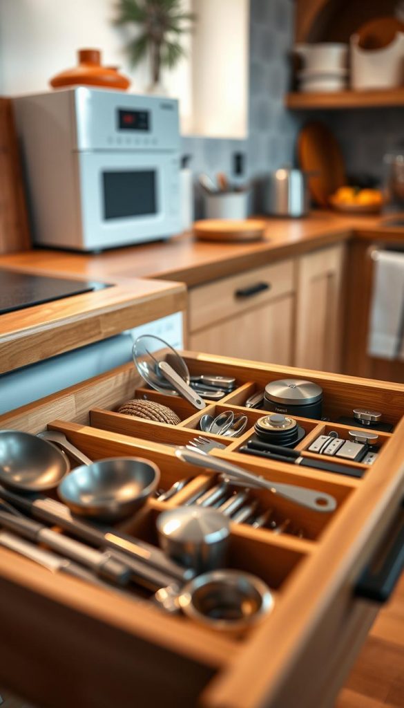 A beautifully organized kitchen drawer featuring a bamboo storage solution by KlickKiste. In the foreground, show a neatly arranged array of kitchen tools and utensils, including measuring spoons, a can opener, and small gadgets, all placed harmoniously within customized, divided sections. The middle ground should focus on the elegant bamboo drawer organizer, highlighting its natural texture and warm tones, emphasizing sustainability. In the background, softly lit kitchen elements, like a cozy wooden countertop and blurred kitchen appliances, create a relaxed atmosphere. The lighting should be warm and inviting, reminiscent of winter vibes, with soft shadows adding depth. Capture a Pinterest-worthy aesthetic that feels authentic and inspiring.