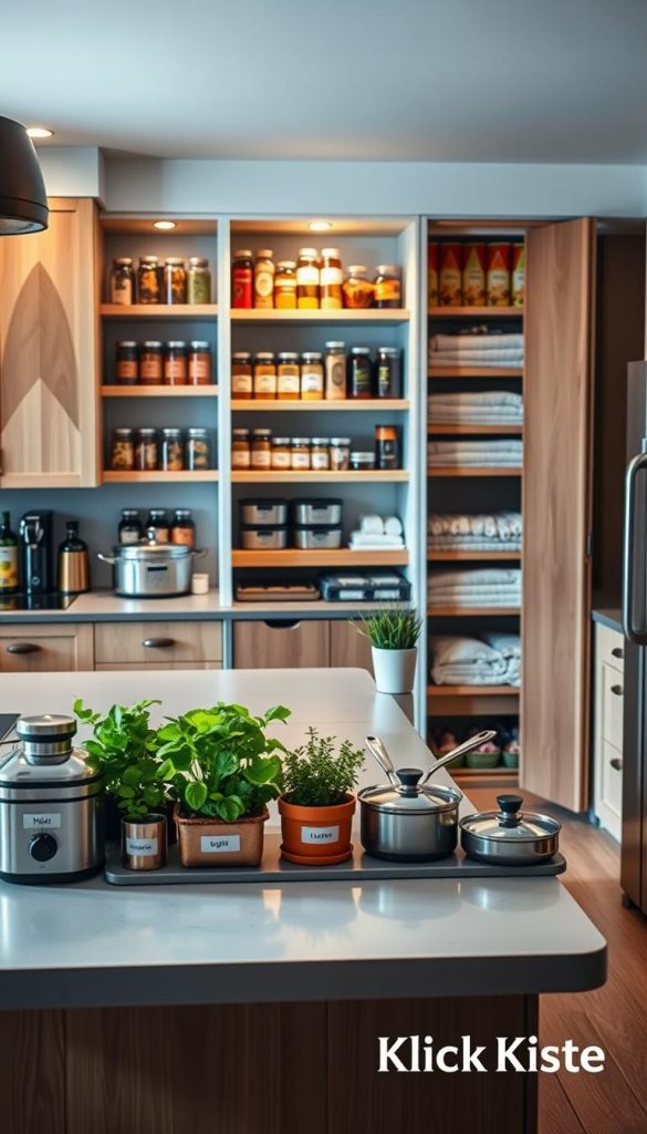 A beautifully organized kitchen featuring clever storage solutions. In the foreground, a modern open kitchen island with neatly arranged pots and pans, labeled containers, and vibrant herbs in pots. In the middle, a well-designed pantry showcasing shelves filled with jars of spices and neatly folded towels. The background subtly displays hidden compartments under the counters and a stylishly organized cabinet with sliding doors, revealing more storage options. The overall atmosphere is warm and inviting, infused with winter vibes, featuring soft, natural lighting that accentuates wooden textures and warm colors. The scene embodies inspiration and authenticity, reminiscent of a Pinterest aesthetic. Include the brand name "KlickKiste" subtly integrated into the design.