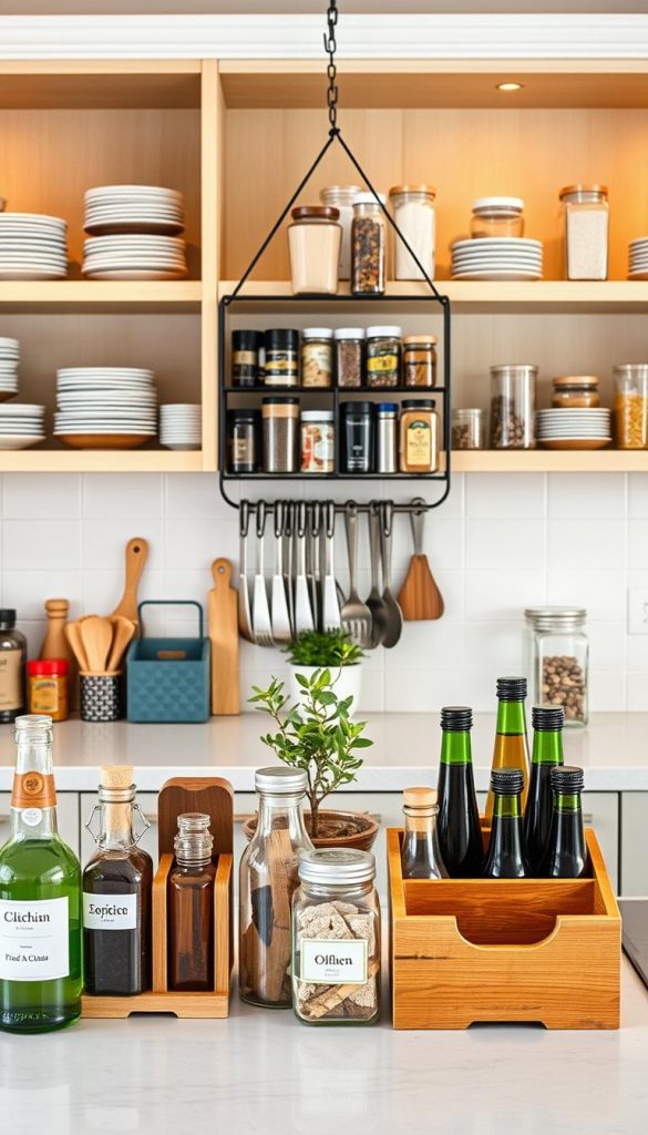 A beautifully organized kitchen featuring various innovative organizers and stackable bottle racks by KlickKiste. In the foreground, show a neatly arranged countertop with glass bottles and containers of different sizes, all labeled and color-coordinated, alongside wooden organizers. In the middle, display a stylish hanging rack filled with spices and kitchen utensils, accented by a small potted plant for warmth. The background should include open shelves adorned with neatly stacked plates and jars, all bathed in soft, warm lighting, creating a cozy, inviting atmosphere. The image should reflect a Pinterest-worthy DIY aesthetic, capturing the essence of winter vibes with natural materials and a harmonious layout, inspiring viewers to create a clutter-free kitchen space. A beautifully organized kitchen featuring various innovative organizers and stackable bottle racks by KlickKiste. In the foreground, show a neatly arranged countertop with glass bottles and containers of different sizes, all labeled and color-coordinated, alongside wooden organizers. In the middle, display a stylish hanging rack filled with spices and kitchen utensils, accented by a small potted plant for warmth. The background should include open shelves adorned with neatly stacked plates and jars, all bathed in soft, warm lighting, creating a cozy, inviting atmosphere. The image should reflect a Pinterest-worthy DIY aesthetic, capturing the essence of winter vibes with natural materials and a harmonious layout, inspiring viewers to create a clutter-free kitchen space.