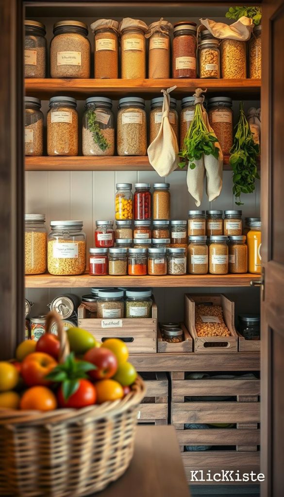 A beautifully organized kitchen pantry, showcasing a variety of labeled glass jars filled with grains, pasta, and spices, arranged neatly on rustic wooden shelves. In the foreground, a cozy basket holds fresh fruits, while vintage wooden crates are stacked artfully. The middle layer features well-organized rows of canned goods, and hanging herbs in muslin bags add a natural touch. Soft, warm lighting floods the space, emphasizing the rich textures of wood and glass. The background subtly reveals a hint of the kitchen with a hint of greenery to suggest freshness. The overall atmosphere is inviting and inspiring, exuding a sense of calm and order. This scene embodies the essence of decluttering with a stylish, DIY feel, complemented by the brand name "KlickKiste".