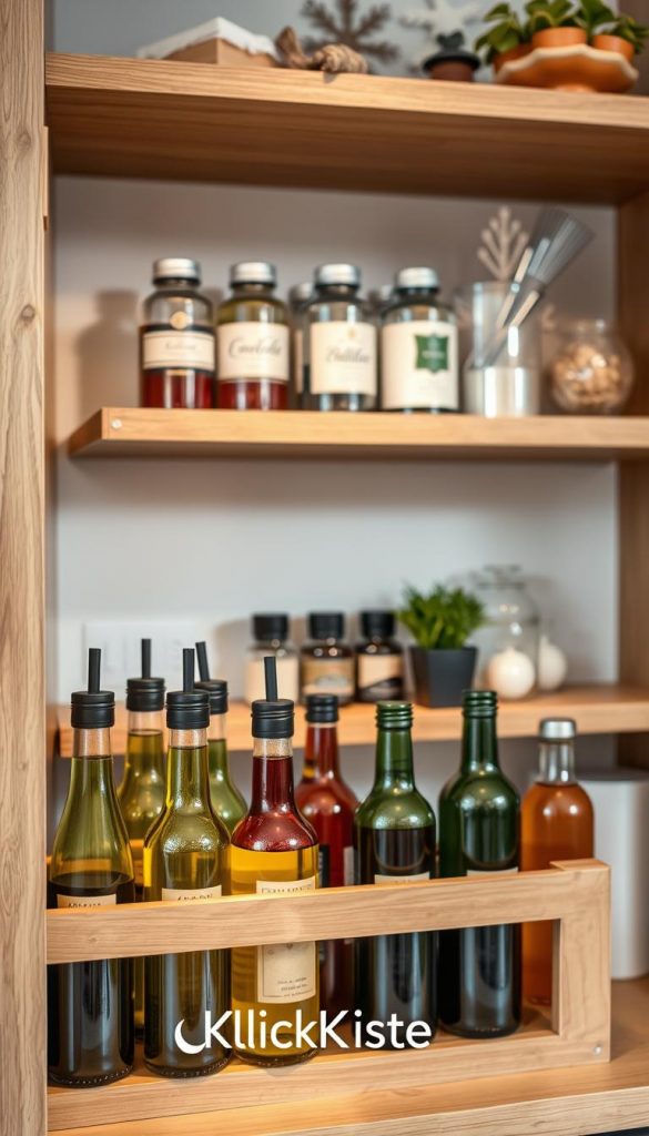 A beautifully organized kitchen shelf featuring a stylish flaschenhalter (bottle holder) made of natural wood, showcasing an array of aesthetic glass bottles. In the foreground, the flaschenhalter is filled with vibrant-colored olive oil and vinegar bottles, their glass gleaming under soft, warm overhead lighting that creates a cozy atmosphere. In the middle, wooden shelves display neatly arranged spices and small potted herbs, adding a touch of life. The background features soft, out-of-focus winter-themed decor, enhancing the comforting vibe. Capture this scene from a slightly angled perspective to convey depth, emphasizing the organized space. This image reflects the essence of DIY inspiration for maximizing storage efficiently, embodying a warm, inviting Pinterest aesthetic. Brand logo "KlickKiste" subtly incorporated in the design. A beautifully organized kitchen shelf featuring a stylish flaschenhalter (bottle holder) made of natural wood, showcasing an array of aesthetic glass bottles. In the foreground, the flaschenhalter is filled with vibrant-colored olive oil and vinegar bottles, their glass gleaming under soft, warm overhead lighting that creates a cozy atmosphere. In the middle, wooden shelves display neatly arranged spices and small potted herbs, adding a touch of life. The background features soft, out-of-focus winter-themed decor, enhancing the comforting vibe. Capture this scene from a slightly angled perspective to convey depth, emphasizing the organized space. This image reflects the essence of DIY inspiration for maximizing storage efficiently, embodying a warm, inviting Pinterest aesthetic. Brand logo "KlickKiste" subtly incorporated in the design.