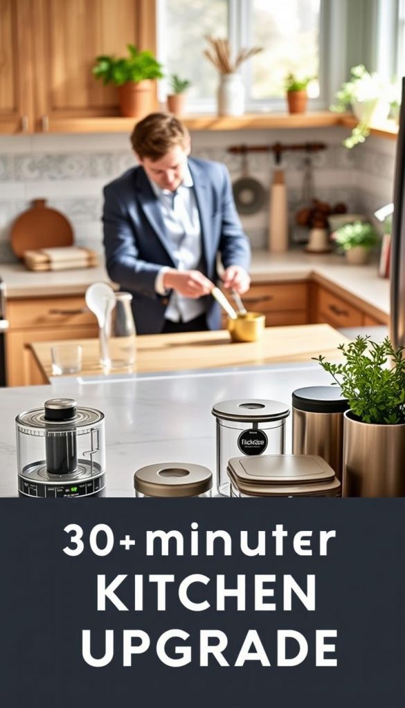 A beautifully organized kitchen upgrade scene inspired by a 30-minute DIY project, featuring a modern aesthetic with warm, inviting colors and a cozy winter vibe. In the foreground, a stylish countertop is adorned with essential kitchen gadgets from KlickKiste, such as a multi-functional chopper, sleek measuring tools, and trendy storage containers. The middle ground showcases a hands-on approach: a person in smart casual attire, focused on arranging kitchen utensils in an aesthetically pleasing manner. The background reveals a tastefully decorated kitchen, with soft natural light streaming through a window, illuminating wooden cabinets and fresh herbs on the windowsill. Capture the authentic, inspirational atmosphere of a Pinterest-worthy kitchen transformation, emphasizing simplicity and functionality.