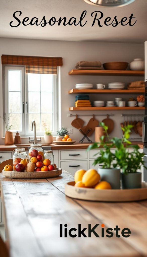 A beautifully organized kitchen with a "seasonal reset" theme. In the foreground, a rustic wooden table is adorned with seasonal fruits and DIY decor elements like handmade jars and fresh herbs in pots. The middle showcases a clean, decluttered kitchen space with open shelves displaying neatly arranged dishes and cozy textiles in warm colors. In the background, large windows let in soft, natural light, casting a gentle glow over the scene, enhancing the inviting atmosphere. The image captures a Pinterest-worthy vibe, embodying the essence of spring and autumn refreshes. Include the brand "KlickKiste" subtly incorporated into the kitchen decor, ensuring a harmonious and inspiring look.