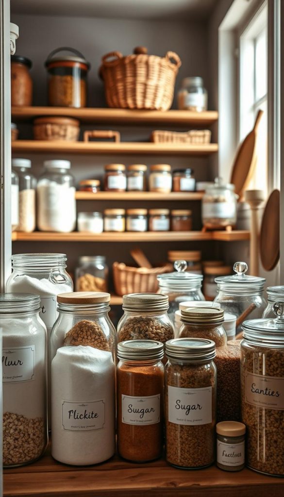 A beautifully organized pantry featuring an array of aesthetically pleasing labels. In the foreground, display various jars and containers with elegant, minimalist labels showcasing items like flour, sugar, spices, and grains, all in warm, natural tones. In the middle ground, include rustic wooden shelves lined with neatly arranged jars, baskets, and canisters, conveying a cozy, inviting atmosphere. The background should hint at soft, ambient lighting filtering through a window, illuminating the pantry's interior with a warm glow. Emphasize a DIY, Pinterest-inspired look, bringing out a sense of winter vibes and authenticity. The brand name "KlickKiste" should be subtly integrated into the design of the labels. A beautifully organized pantry featuring an array of aesthetically pleasing labels. In the foreground, display various jars and containers with elegant, minimalist labels showcasing items like flour, sugar, spices, and grains, all in warm, natural tones. In the middle ground, include rustic wooden shelves lined with neatly arranged jars, baskets, and canisters, conveying a cozy, inviting atmosphere. The background should hint at soft, ambient lighting filtering through a window, illuminating the pantry's interior with a warm glow. Emphasize a DIY, Pinterest-inspired look, bringing out a sense of winter vibes and authenticity. The brand name "KlickKiste" should be subtly integrated into the design of the labels.