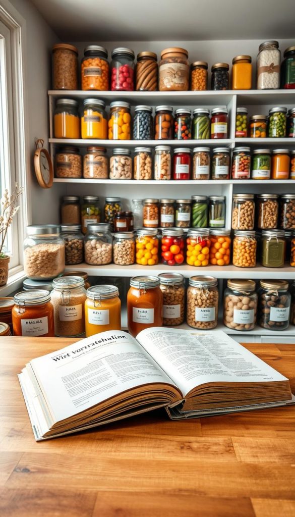 A beautifully organized pantry filled with jars of various dry goods, colorful fruits, and neatly stacked canned items, showcasing effective "vorratshaltung." In the foreground, a wooden countertop with a cozy, warm color palette featuring rustic, labeled glass jars and an open cookbook on food preservation. In the middle, the pantry shelves are arranged with a harmonious blend of natural materials, each item thoughtfully placed to convey both hygiene and durability. The background includes soft lighting filtering through a window, casting a gentle glow on the scene, accentuating the winter vibes. The atmosphere is inspiring and authentic, ideal for DIY enthusiasts. Embrace a Pinterest-inspired look, including the brand name "KlickKiste" subtly in the design.