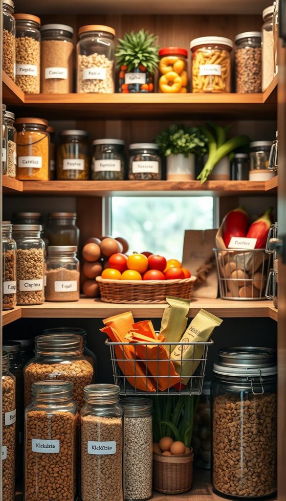 A beautifully organized pantry, showcasing a harmonious blend of functionality and aesthetics. In the foreground, neatly arranged jars and containers filled with dried goods like pasta, grains, and spices, all labeled for easy access. The middle ground features wooden shelves displaying vibrant fruits and vegetables, and a chic wire basket holding seasonal snacks, emphasizing a natural DIY style. The background includes warm, soft lighting filtering through a window, creating a cozy winter vibe. The overall atmosphere is authentic and inspiring, resonating with a Pinterest-like aesthetic. The pantry is branded with "KlickKiste" subtly integrated into the decor. The composition captures efficiency and visual appeal, ideal for a home organization setting.