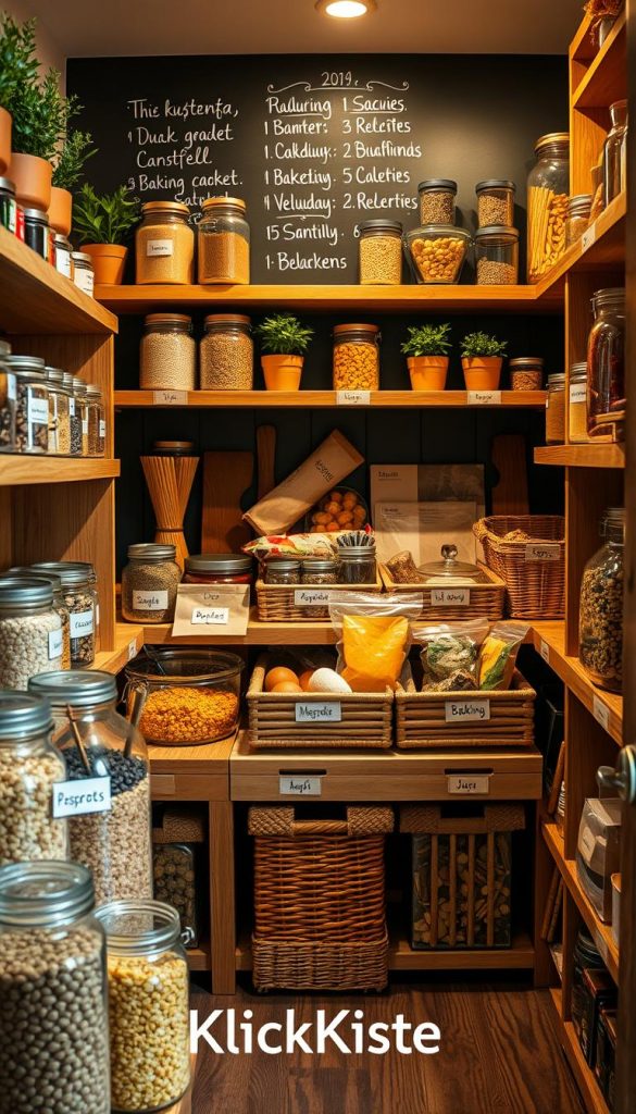 A beautifully organized pantry showcasing a variety of food items and storage solutions, inspired by a cozy winter atmosphere. In the foreground, neatly arranged glass jars filled with colorful grains, pasta, and spices, complemented by wooden shelves decorated with small potted herbs. In the middle, labeled baskets hold snacks and baking supplies, all bathed in warm, inviting light that highlights the rich textures of the wood and food. In the background, a chalkboard wall offers a subtle touch of inspiration, featuring handwritten lists of recipes and meal ideas. The scene is styled in a natural, Pinterest-worthy aesthetic, evoking feelings of warmth and organization. Emphasize the brand "KlickKiste" subtly woven into the design elements.