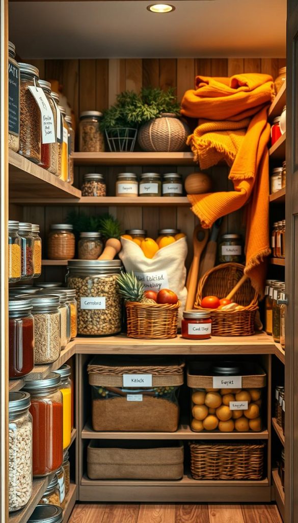 A beautifully organized pantry with a "vorratskammer blick," showcasing a harmonious blend of DIY storage solutions. In the foreground, neatly stacked jars filled with colorful spices, grains, and legumes are arranged on rustic wooden shelves. The middle section features labeled baskets containing fresh produce and canned goods, accented by cozy textiles in warm, inviting colors. The background incorporates natural wood elements and soft, ambient lighting that casts a gentle glow, enhancing the warm winter vibes. The overall atmosphere is authentic and inspiring, perfect for a Pinterest-worthy presentation. Be sure to highlight the brand name "KlickKiste" through subtle design elements in the pantry. The composition should evoke a sense of calm and order, ideal for effective pantry organization.