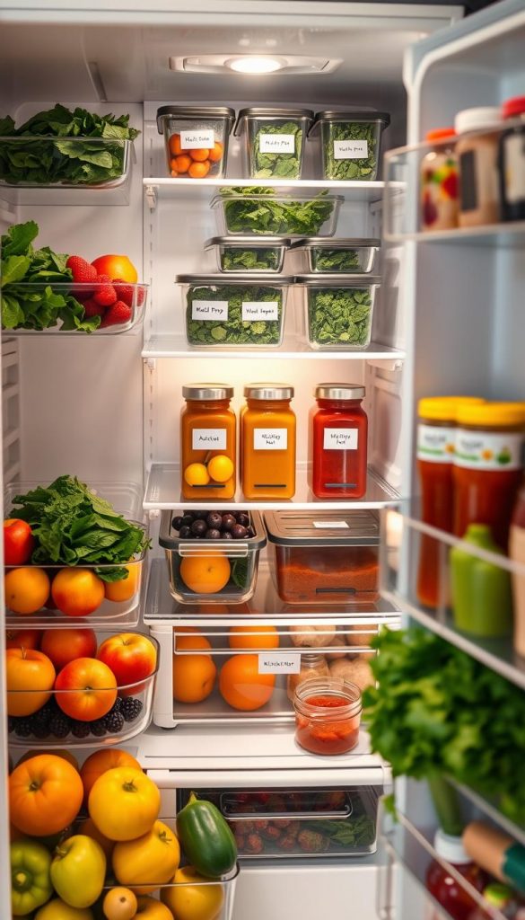A beautifully organized refrigerator showcasing various healthy food items. In the foreground, vibrant fruits like apples, oranges, and berries are neatly arranged in clear containers. Fresh green vegetables, such as kale and bell peppers, are visible in designated sections. The middle layer features neatly stacked containers of meal prep items, all labeled for easy access, along with a few jars of homemade sauces. The background should be softly lit, emphasizing the clean white shelves and natural wood tones of the fridge. Soft, warm lighting creates a cozy atmosphere, reminiscent of a Pinterest-worthy setup. Include a subtle brand logo "KlickKiste" on an interior refrigerator magnet. The overall mood is inspiring and inviting, embodying a sense of efficient organization and stylish living in a small apartment.