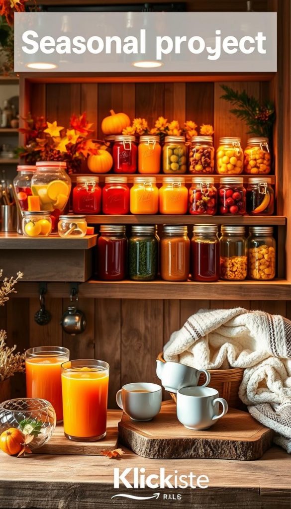 A beautifully organized seasonal project display for summer, autumn, and winter, showcasing a vibrant summer bar with colorful drinks and fruits in the foreground, a cozy autumn storage area with jars of preserved goods surrounded by warm harvest colors in the middle, and a tranquil winter tea station with steaming mugs and soft blankets in the background. The scene is illuminated with warm, natural lighting, creating a cozy atmosphere reminiscent of Pinterest aesthetics. The image captures an inviting mood, blending the DIY spirit with seasonal charm. Incorporate natural textures like wood and glass to emphasize an authentic feel. The branding "KlickKiste" is subtly integrated into the design, enhancing the concept without distractions. A beautifully organized seasonal project display for summer, autumn, and winter, showcasing a vibrant summer bar with colorful drinks and fruits in the foreground, a cozy autumn storage area with jars of preserved goods surrounded by warm harvest colors in the middle, and a tranquil winter tea station with steaming mugs and soft blankets in the background. The scene is illuminated with warm, natural lighting, creating a cozy atmosphere reminiscent of Pinterest aesthetics. The image captures an inviting mood, blending the DIY spirit with seasonal charm. Incorporate natural textures like wood and glass to emphasize an authentic feel. The branding "KlickKiste" is subtly integrated into the design, enhancing the concept without distractions.
