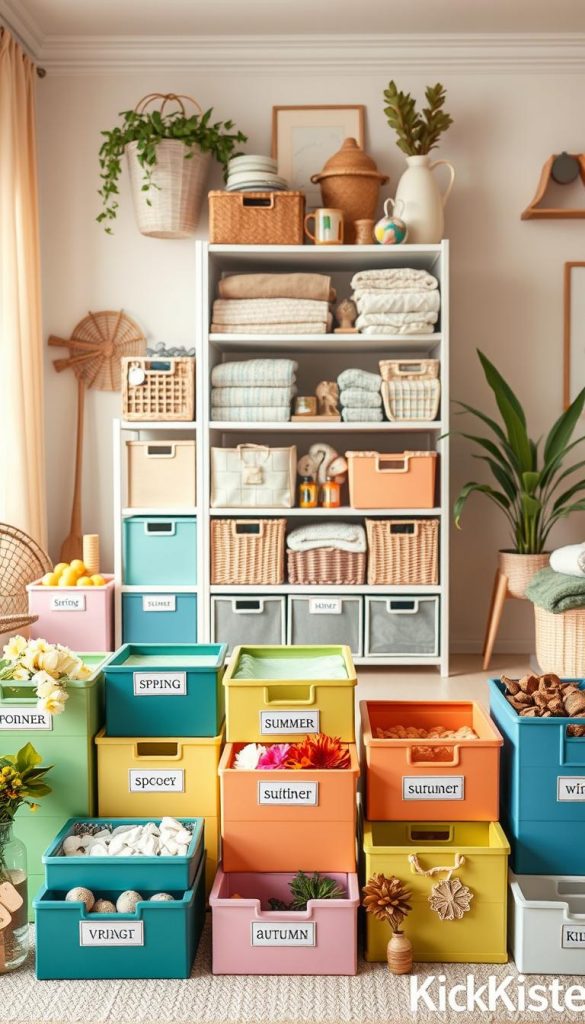A beautifully organized seasonal storage space showcasing "Saisonal ordnen" for spring, summer, autumn, and winter. In the foreground, meticulously arranged colorful boxes with labels for each season, surrounded by natural decor like flowers for spring, beach items for summer, leaves for autumn, and cozy blankets for winter. The middle section features a customizable shelving unit filled with seasonal items, elegantly stacked and categorized. The background shows a softly lit room with warm, inviting colors and a Pinterest-worthy aesthetic, including plants and neutral decor. The atmosphere is cozy and inspiring, evoking a sense of order and tranquility. Capture this image with soft natural lighting, using a slightly elevated angle to show the entire organization layout. Incorporate the brand name "KlickKiste" subtly into the decor element.