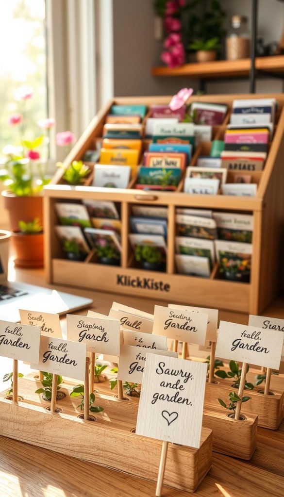A beautifully organized seed packet organizer made from natural wood, featuring multiple, neatly labeled compartments filled with colorful seed packets. In the foreground, handcrafted plant markers made from recycled materials add a personal touch, showcasing seedlings and garden names written in elegant cursive. The middle ground includes a cozy workspace setting, with a soft, warm light streaming in, highlighting the textures of the wood and the vivid colors of the seeds. In the background, a hint of a sunlit garden with blooming flowers and greenery creates an inviting atmosphere. The overall mood is charming and inspiring, capturing the essence of natural DIY projects. The brand name "KlickKiste" is subtly incorporated into the design of the organizer, enhancing the aesthetic without overpowering it.
