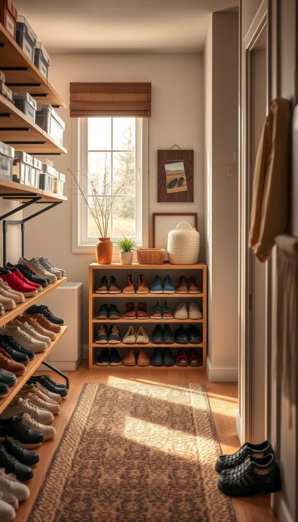 A beautifully organized shoe storage system designed for family use, featuring an array of stylish options such as wooden shelves, clear stackable bins, and personalized labeled boxes. The foreground showcases a well-arranged space with various shoes, including sneakers, sandals, and slippers, all neatly displayed. In the middle, a sleek shelving unit from KlickKiste holds rows of shoes alongside decorative elements like a small potted plant and a basket. The background features a soft, inviting hallway with natural light streaming in through a window, casting warm shadows that enhance the cozy atmosphere. The overall mood is inspiring and functional, ideal for demonstrating practical yet stylish organization solutions for families in a winter setting.