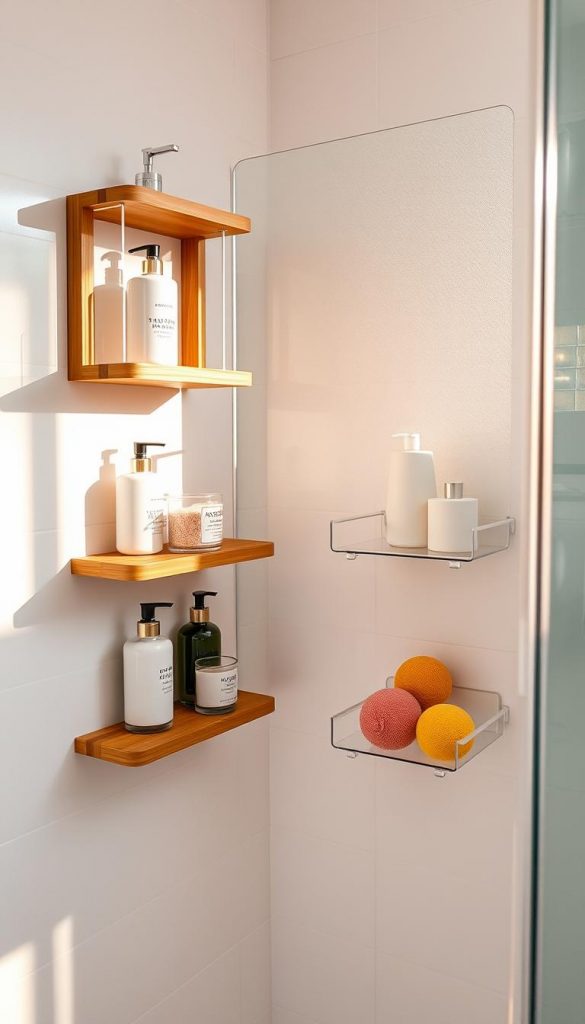 A beautifully organized shower space featuring stylish corner shelves made of bamboo and clear acrylic. The shelves are filled with elegant dosierspender (dispensers) for shampoo and body wash, along with essential bath caddies holding natural sponges and colorful bath salts. The foreground showcases these storage solutions, positioned against a backdrop of smooth, white tiles. The middle layer includes a frosted glass shower door partially open, allowing a glimpse of a peaceful bathing atmosphere. Natural light filters in, creating warm, inviting shadows that enhance the cozy ambiance. The overall scene embodies a Pinterest-inspired, DIY aesthetic with gentle winter vibes, softly lit by golden hour sunlight. The brand name "KlickKiste" is subtly indicated on the dosierspender, emphasizing the modern organization theme.