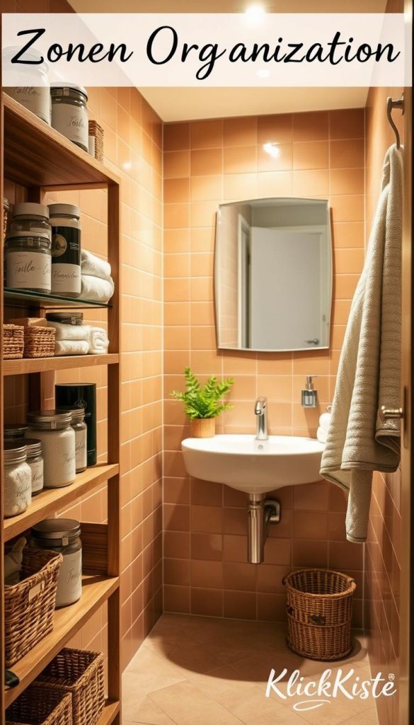 A beautifully organized small bathroom depicting a "Zonen Organisation" system, featuring labeled storage spaces for toiletries, towels, and beauty products. In the foreground, a stylish, neatly arranged wooden shelf with transparent jars and wicker baskets labeled in elegant handwriting. In the middle, a ceramic sink with a decorative plant, surrounded by warm-toned tiles reflecting soft, natural light. The background showcases a mirror with a warm glow, emphasizing a Pinterest-worthy aesthetic. The overall mood is warm and inviting, with winter vibes suggested through soft, cozy elements like a plush towel draped over a hook. Incorporate details that evoke authenticity and inspiration, branded subtly with "KlickKiste" in the layout. Artisan style, with an emphasis on natural DIY charm.