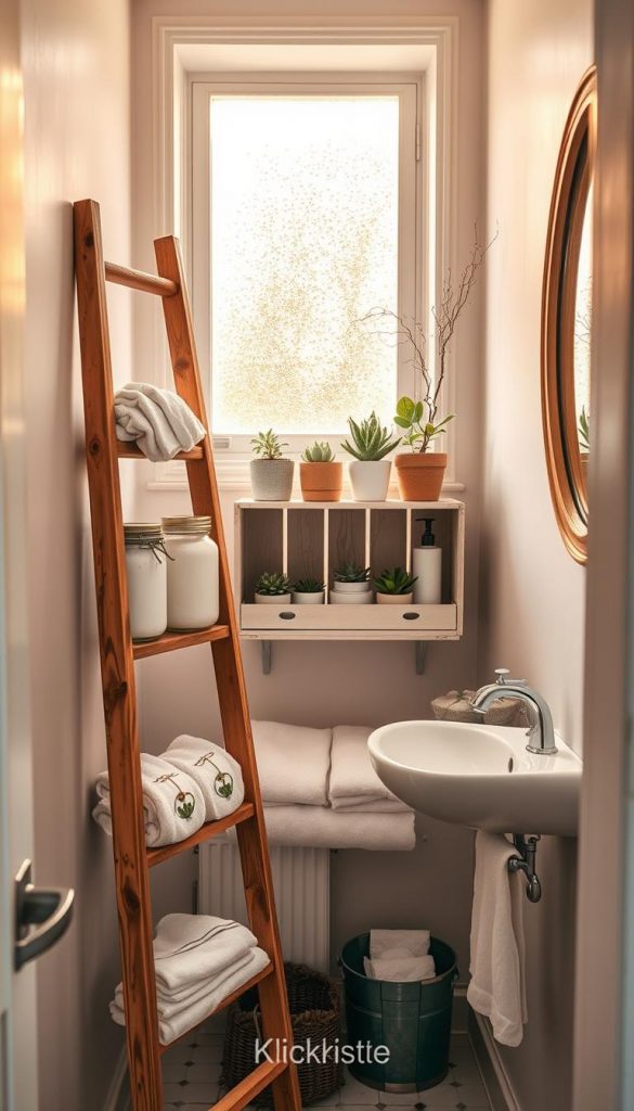 A beautifully organized small bathroom showcasing innovative upcycling ideas inspired by kitchen elements. In the foreground, there is a repurposed wooden ladder holding neatly arranged towels and decorative jars filled with bath salts. The middle showcases a charming vintage crate used as a shelf for toiletries, decorated with small potted plants for a touch of greenery. The background features warm, natural light streaming through a frosted window, creating a cozy atmosphere, with a soft winter vibe. The walls are painted in soothing pastel colors, and a wooden mirror adds a rustic touch. The overall mood is authentic and inspiring, ideal for a Pinterest aesthetic. This DIY space is labeled with "KlickKiste" in an artistic and subtle way, ensuring a cohesive look.