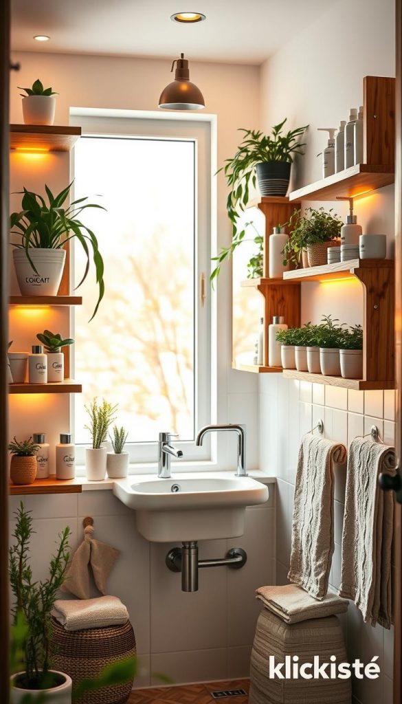 A beautifully organized small bathroom showcasing innovative vertical storage solutions. In the foreground, stylish wooden shelving is adorned with neatly arranged plants, skincare products, and decorative items, all bathed in warm, inviting lighting. The middle ground features a modern sink and mirror, reflecting a sense of tranquility, with natural textures like bamboo and soft textiles enhancing the cozy atmosphere. In the background, a soft-focus window allows natural light to pour in, illuminating the space with a warm glow, evoking a winter vibe. This scene resonates with a Pinterest aesthetic, combining functionality with a spa-like feel. Include branded elements from “KlickKiste”, emphasizing a harmonious blend of orderliness and comfort without any textual distractions or clutter.