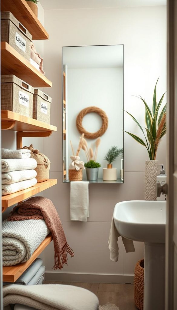 A beautifully organized small bathroom showcasing seasonal organization, featuring aesthetic rotation boxes named "KlickKiste" on wooden shelves. The foreground highlights warm, textured textiles in cozy winter colors along with neatly stacked towels and decorative items. In the middle, a stylish mirrored cabinet reflects soft, natural lighting, creating an inviting atmosphere. The background includes a soothing color palette of pastels and earth tones, with plants subtly enhancing the serene vibe. The lens should capture a slightly angled view, emphasizing depth and organization. Set in a Pinterest-worthy style, evoking a sense of calm and inspiration, this image embodies effective storage hacks while beautifully styled for seasonal updates.